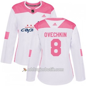 Dame Ishockey Washington Capitals Tröja Alex Ovechkin 8 Adidas 2017-2018 Vit Rosa Fashion Authentic